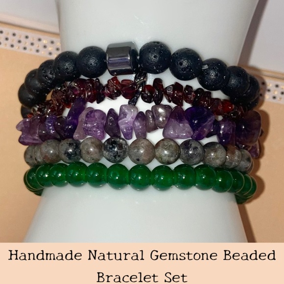 Handmade Jewelry - 5x Natural Gemstone Beaded Handmade Bracelet Set Yooperlite Pink Tourmaline